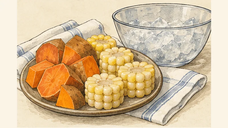 Peruvian Fish Ceviche, step 1: Cook the sweet potato and corn.
