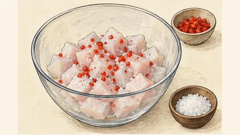 Peruvian Fish Ceviche, step 3: Cut and season the fish.