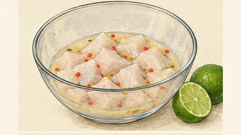 Peruvian Fish Ceviche, step 4: Dress briefly with lime.