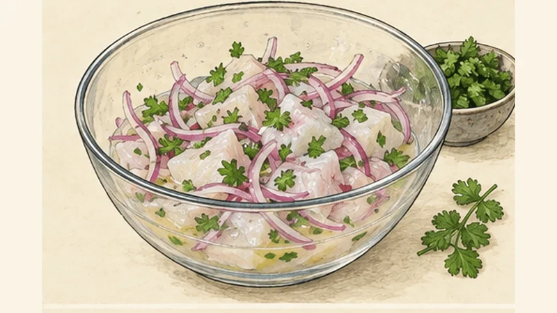 Peruvian Fish Ceviche, step 5: Fold in onion and herbs.