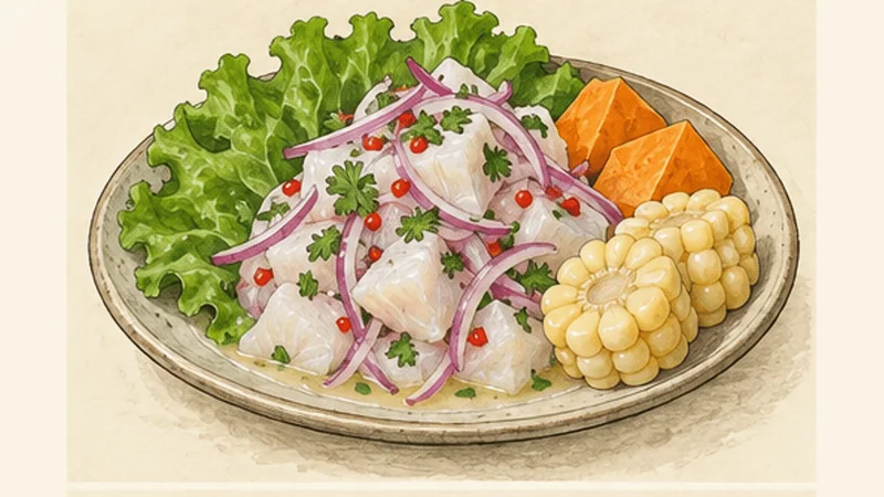 Peruvian Fish Ceviche, step 6: Plate with Peruvian sides.