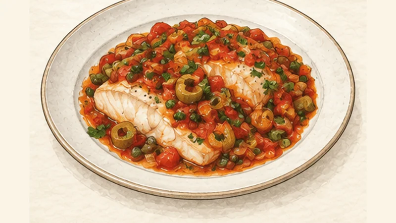 Pescado a la Veracruzana, step 9: Plate with plenty of sauce.