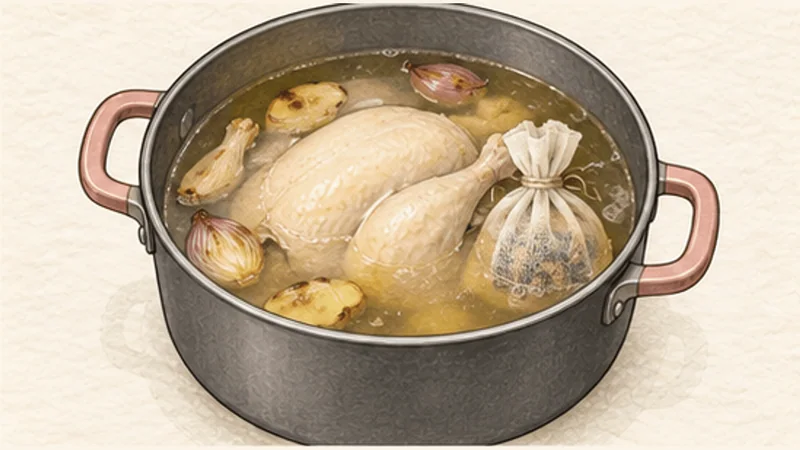 Chicken Pho (Phở Gà), step 3: Poach the chicken safely.