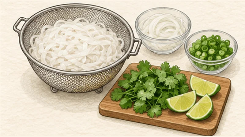 Chicken Pho (Phở Gà), step 6: Cook noodles and prepare herbs.