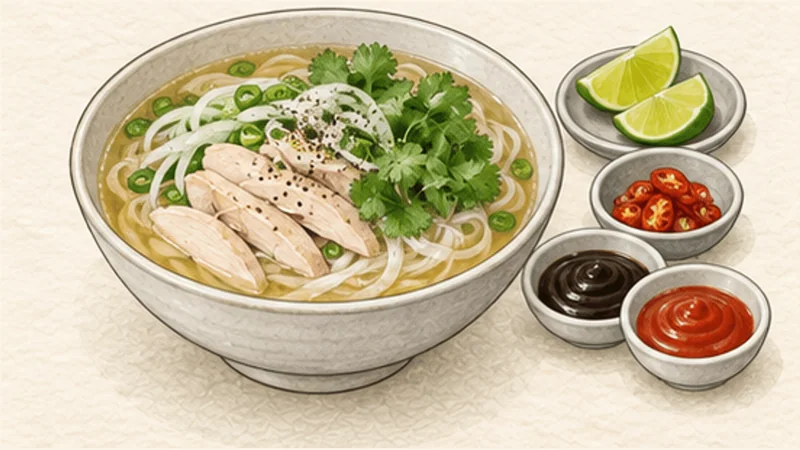 Chicken Pho (Phở Gà), step 8: Serve with fragrant toppings.