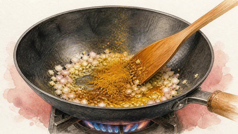 Thai Pineapple Fried Rice, step 5: Bloom curry powder with aromatics.