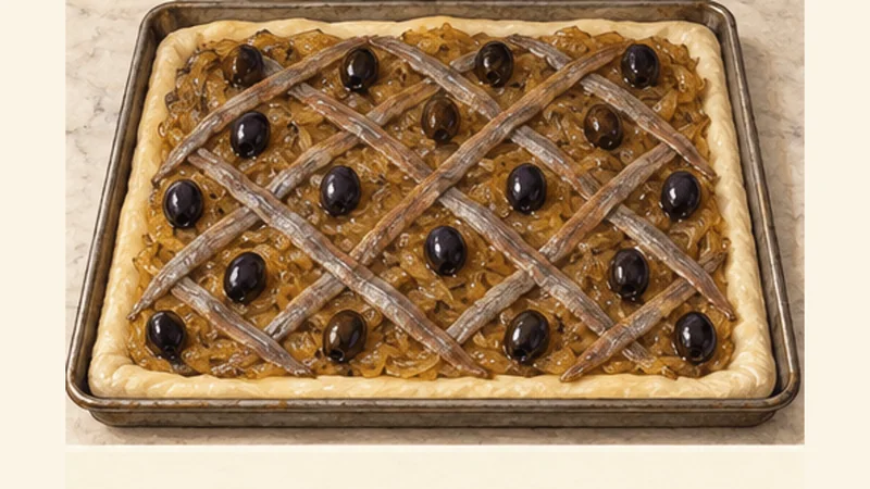 Niçoise Pissaladière with Anchovies and Olives, step 5: Shape and top the flatbread.