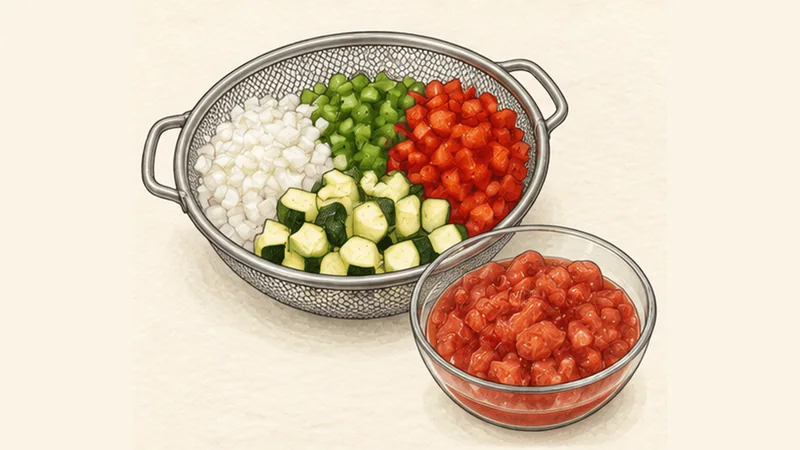 Pisto Manchego, step 1: Prepare uniform vegetable pieces.