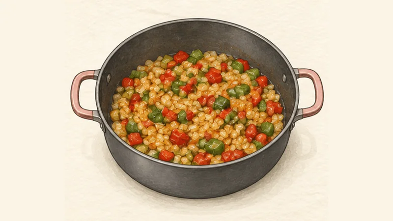 Pisto Manchego, step 2: Cook the onion and peppers first.