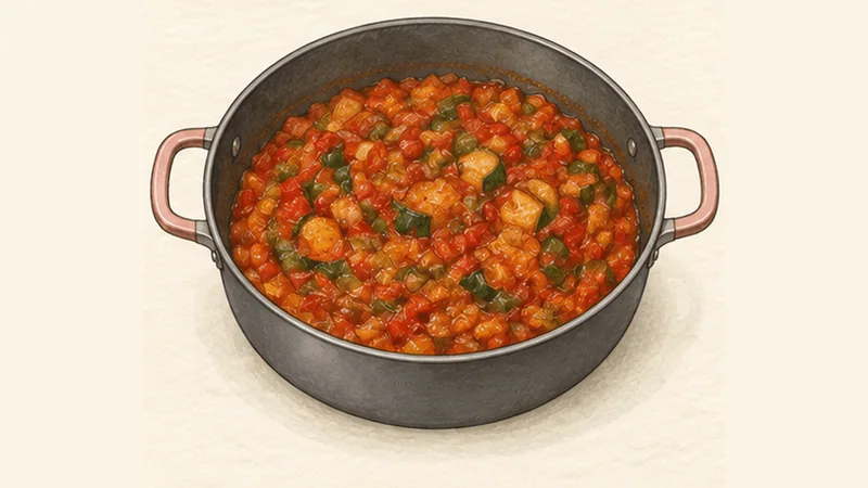 Pisto Manchego, step 4: Reduce the tomatoes around the vegetables.