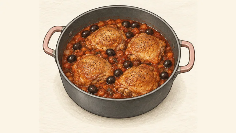 Pollo alla Cacciatora, step 5: Reduce with olives.