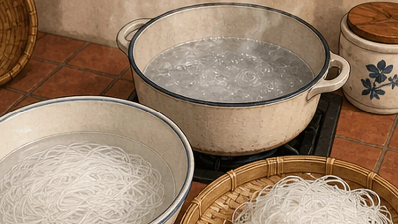 Pork Ball Rice Vermicelli Soup, step 4: Soften the rice vermicelli.