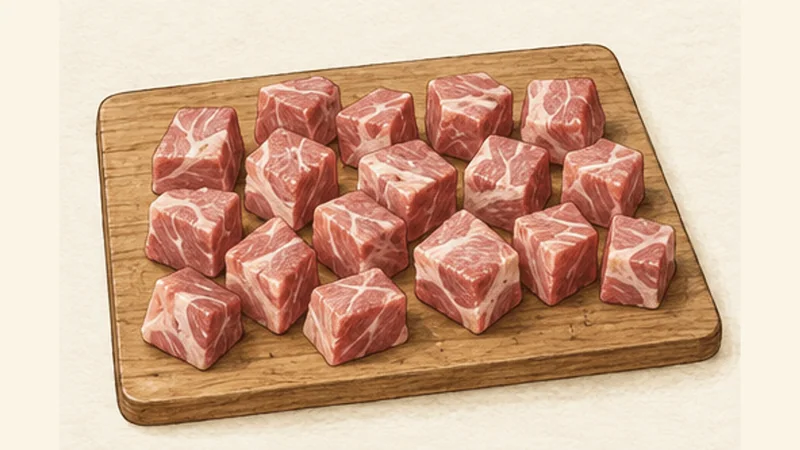Pork Souvlaki, step 1: Cut the pork evenly.