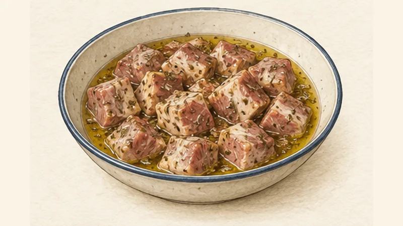 Pork Souvlaki, step 2: Marinate briefly.