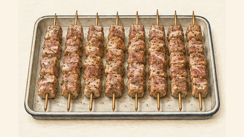 Pork Souvlaki, step 3: Thread the skewers loosely.