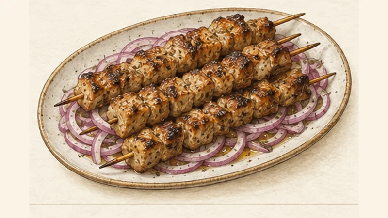 Pork Souvlaki, step 6: Rest over sliced onion.