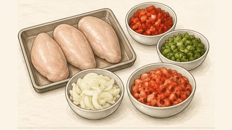 Poulet Basquaise, step 1: Prepare the vegetables and chicken.