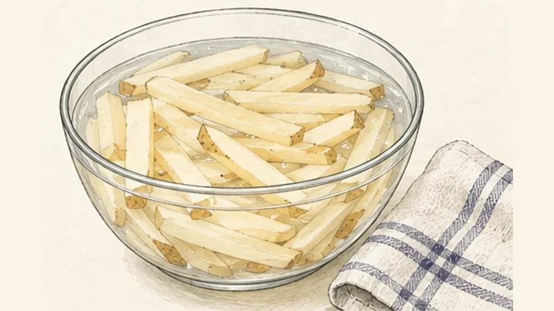 Québec Poutine, step 1: Soak and dry the potatoes.
