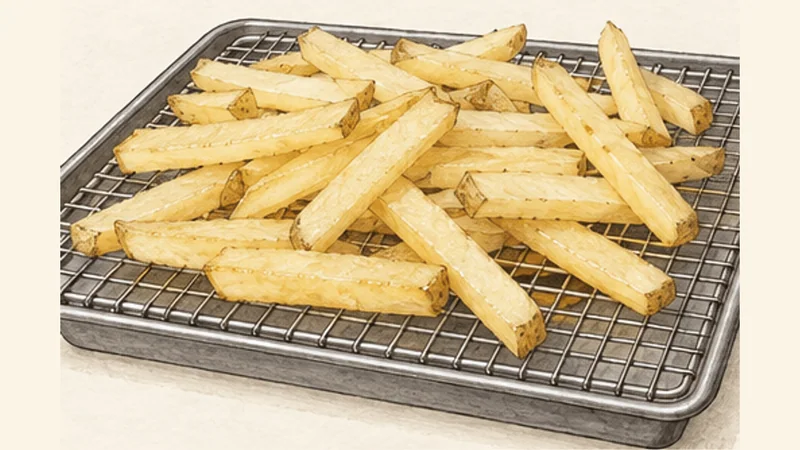 Québec Poutine, step 4: Blanch-fry the potatoes.