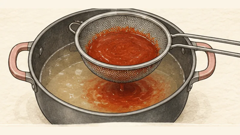 Pozole Rojo, step 6: Strain into the broth.