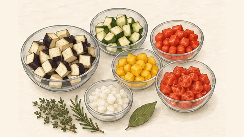 Provençal Ratatouille, step 1: Cut even pieces.