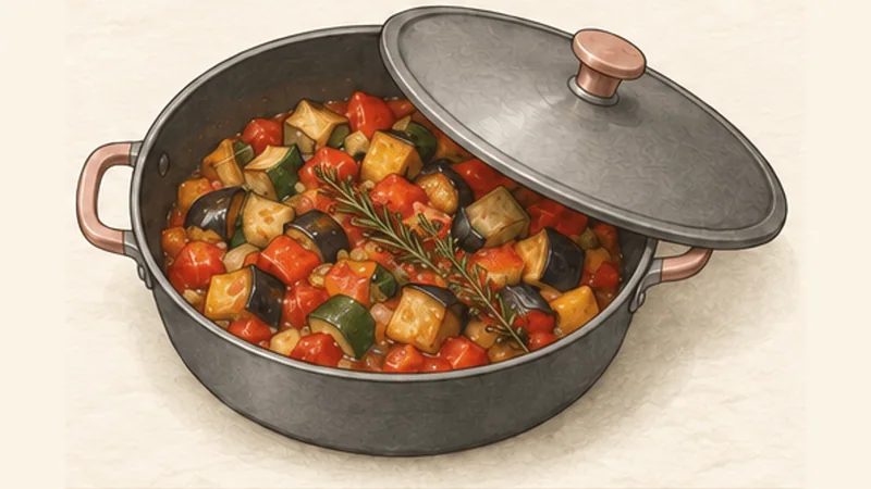 Provençal Ratatouille, step 5: Combine and simmer.