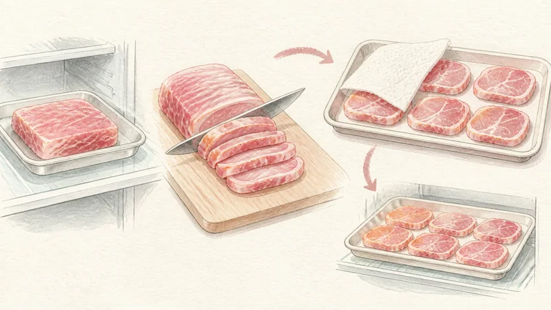 Thai Red Curry with Pork, step 1: Slice and dry the pork.