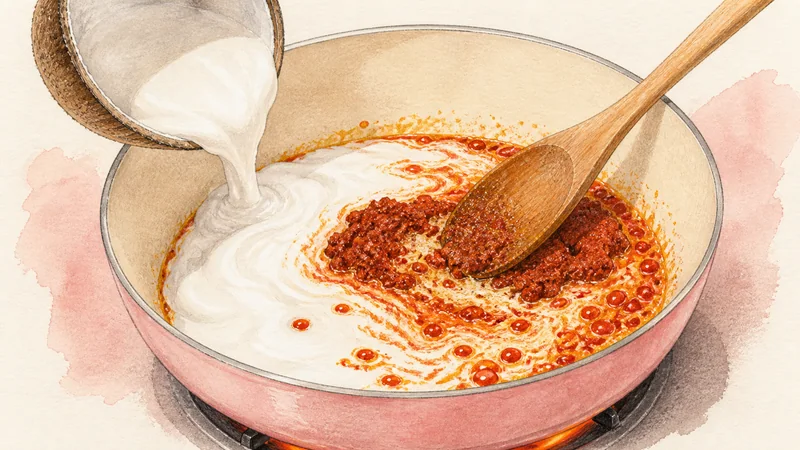 Thai Red Curry with Pork, step 2: Fry red curry paste.