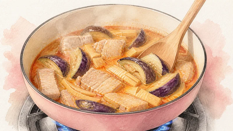 Thai Red Curry with Pork, step 5: Cook vegetables and verify pork.