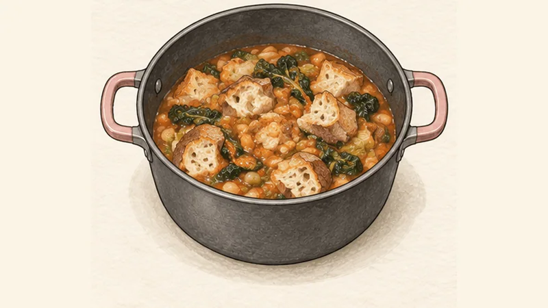 Tuscan Ribollita, step 4: Layer in the bread.