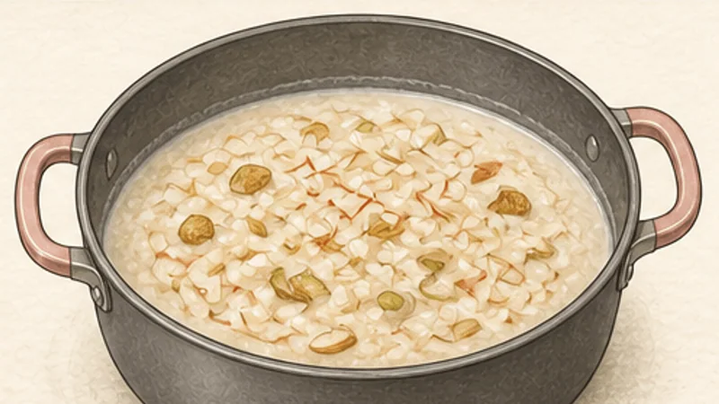Rice Kheer, step 5: Infuse cardamom, saffron, and fruit.