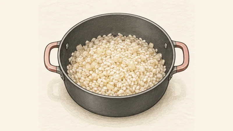 Risotto alla Milanese, step 2: Soften onion and toast rice.