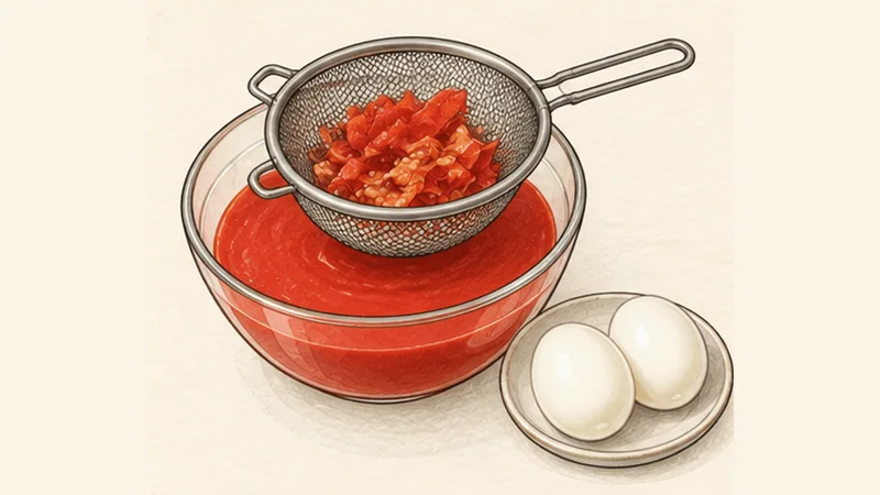 Salmorejo Cordobés, step 1: Cook the eggs and prepare the tomatoes.