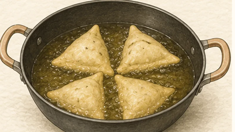 Punjabi Potato Samosa, step 8: Begin frying at low heat.