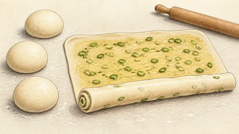 Flaky Chinese scallion pancakes, step 3: Roll in scallions.