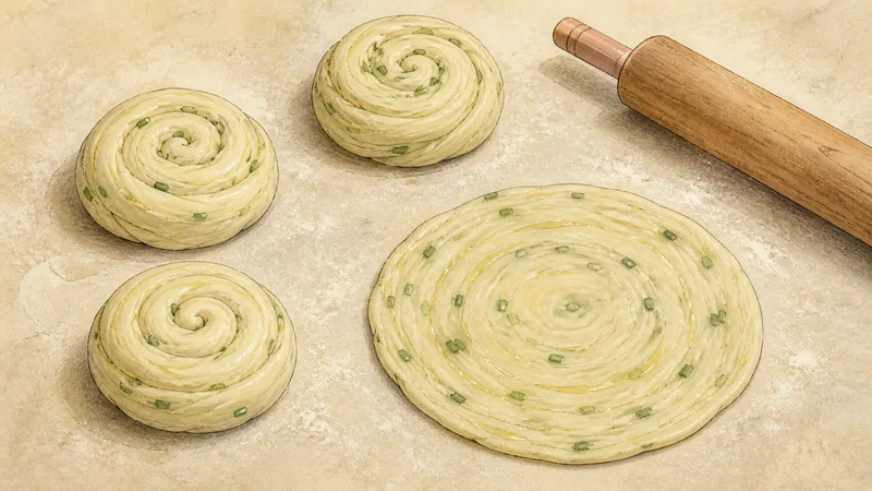 Flaky Chinese scallion pancakes, step 4: Coil and flatten.