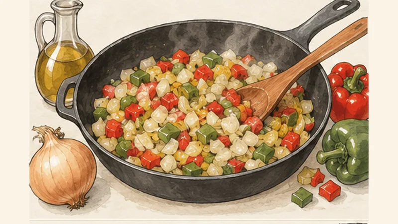 North African Shakshuka with Eggs, step 1: Soften the vegetables.