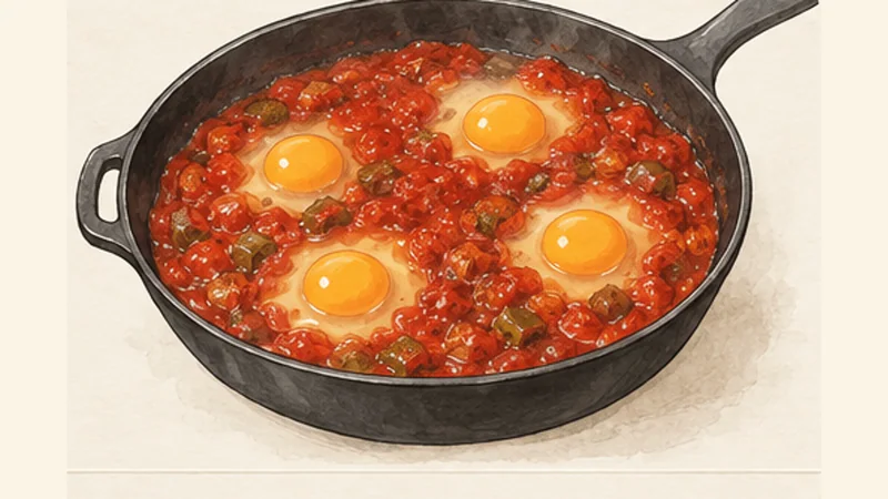 North African Shakshuka with Eggs, step 4: Make wells and add the eggs.