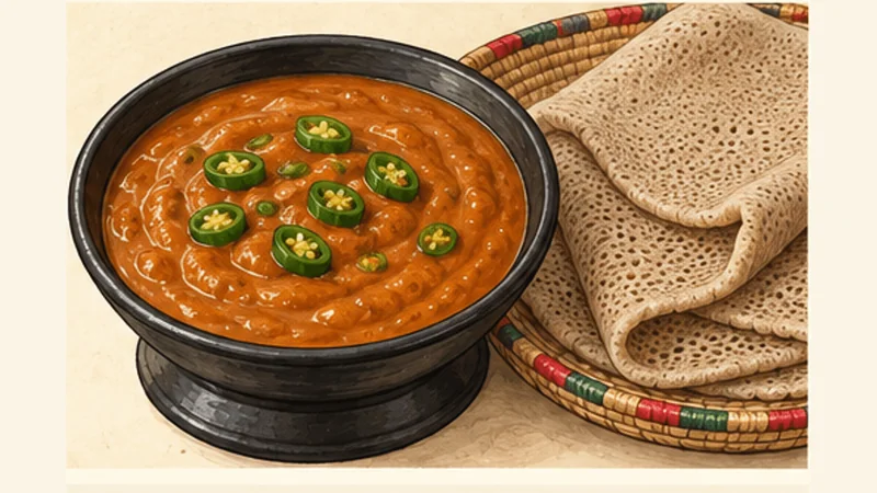 Ethiopian Shiro Wat Chickpea Stew, step 5: Garnish and serve with injera.