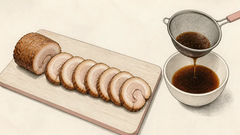 Home-style shoyu ramen with chashu, step 4: Cool and slice the pork.