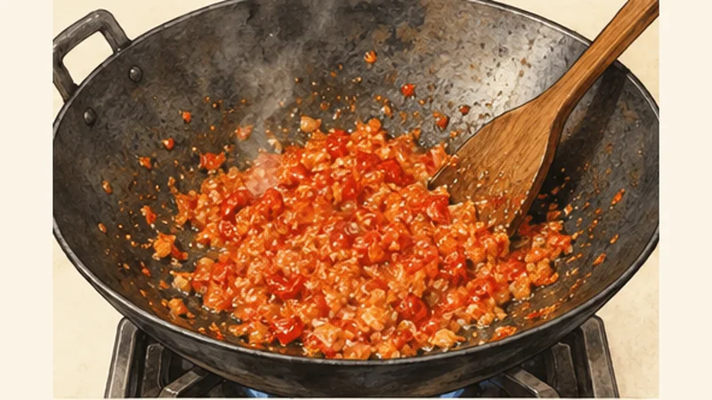 Singapore Chilli Crab, step 2: Fry the paste.