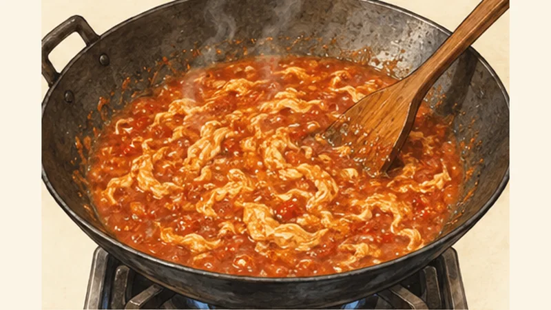 Singapore Chilli Crab, step 5: Thicken and add egg.