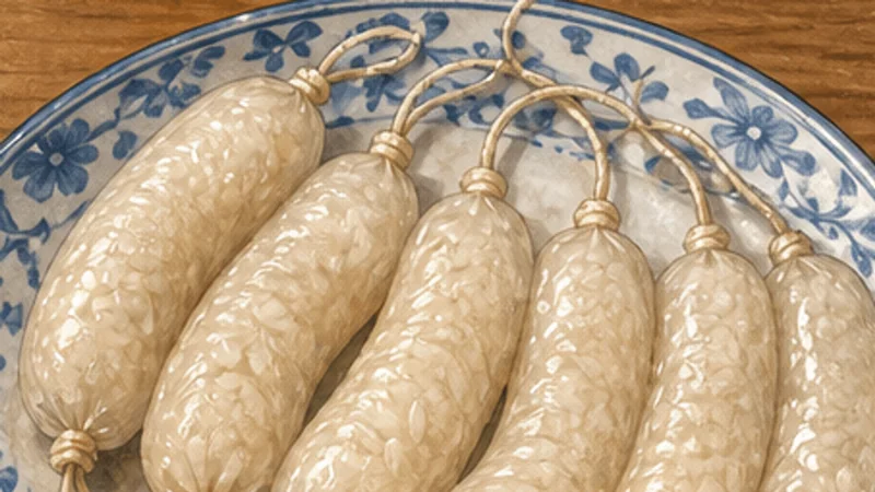 Small Sausage in Big Sausage, step 2: Loosely fill the rice casing.