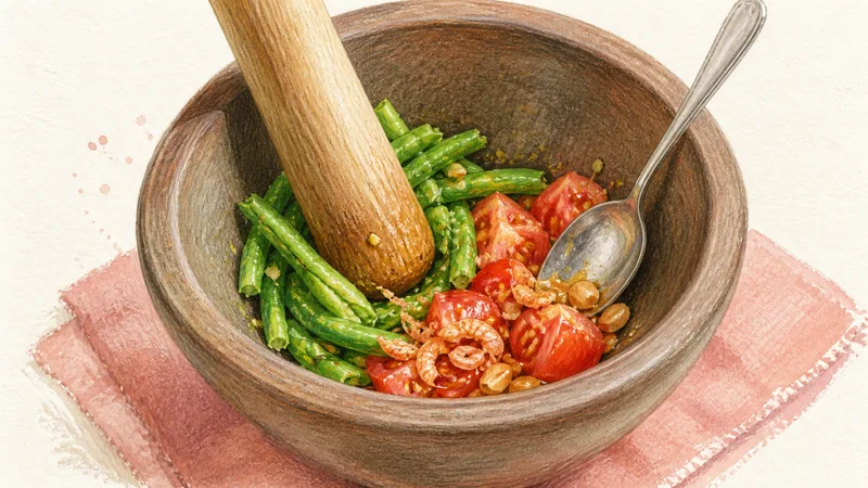 Som Tam Thai, step 3: Bruise beans and tomatoes.