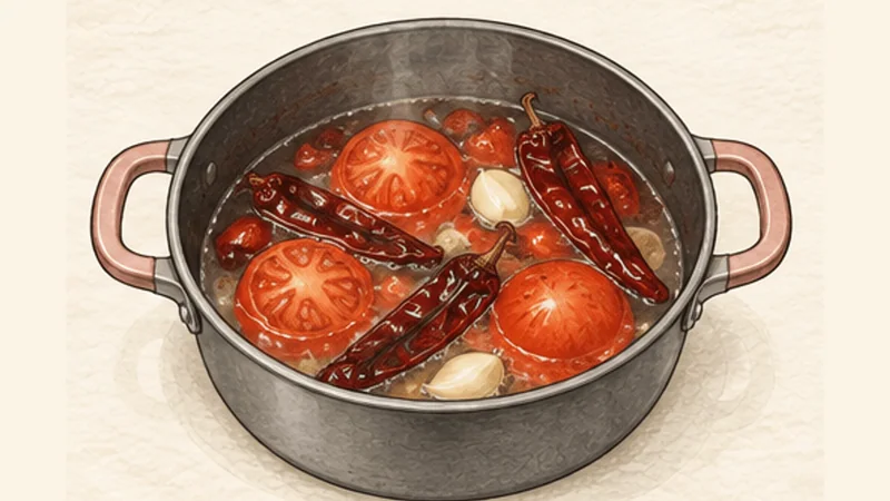 Sopa de Tortilla, step 2: Simmer the tomatoes and chiles.
