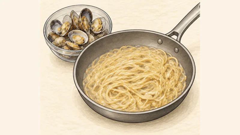 Spaghetti alle Vongole, step 4: Finish pasta in clam liquor.