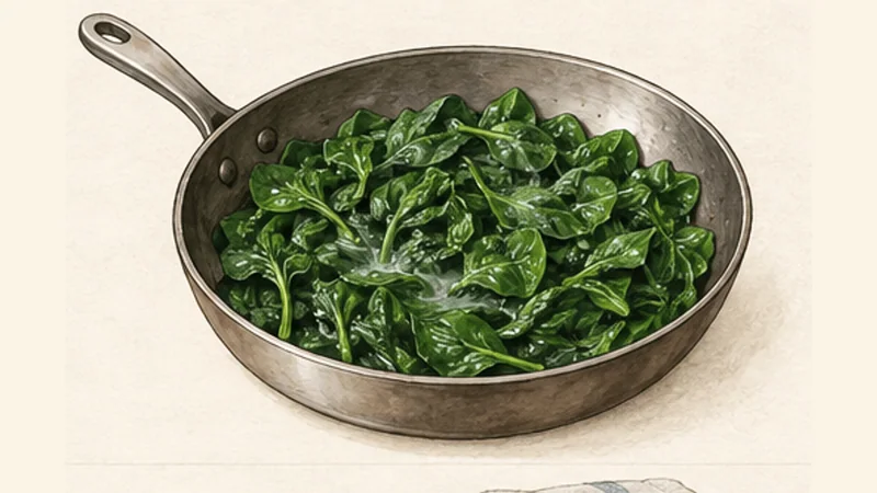 Spanakopita, step 1: Wilt the spinach in batches.