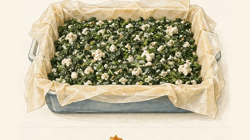 Spanakopita, step 6: Spread the spinach filling.
