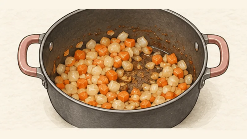 Steak and Kidney Pie, step 4: Soften the vegetables.