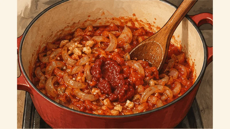 Maltese Stuffat tal-Fenek Rabbit Stew, step 3: Build the tomato braising base.